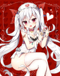 Rule 34 | 1girl, :d, azur lane, bandaid, bandaid on arm, bandaid on hand, bare shoulders, bikini, bikini top only, black bikini, blush, breasts, cleavage, commentary request, crossed bandaids, crossed legs, dress, fang, hair between eyes, hair ribbon, hat, head tilt, heart, heart background, holding, holding syringe, long hair, looking at viewer, mauve, nurse cap, open mouth, red background, red eyes, red ribbon, ribbon, silver hair, sleeveless, sleeveless dress, small breasts, smile, solo, swimsuit, syringe, thighhighs, twintails, vampire (azur lane), vampire (little devil in white) (azur lane), very long hair, white dress, white hat, white thighhighs