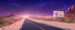 Rule 34 | commentary request, desert, evening, grass, monorisu, no humans, original, outdoors, purple sky, road, route 66, scenery, sign, sky, sunset, twilight, united states