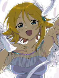 Rule 34 | 1girl, absurdres, armpits, bare shoulders, blonde hair, blue eyes, blurry, blurry foreground, blush, breasts, cleavage, collarbone, dr. gero (staedtler 0508), dress, earrings, fake wings, falling feathers, feathered wings, feathers, green nails, hand on own chest, hands up, highres, idolmaster, idolmaster cinderella girls, idolmaster cinderella girls starlight stage, jewelry, large breasts, looking at viewer, nail polish, open hand, open mouth, purple dress, reaching, reaching towards viewer, see-through, see-through dress, short hair, sleeveless, sleeveless dress, smile, solo, umeki otoha, upper body, white background, wings