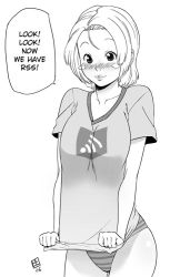 Rule 34 | 1girl, blush, breasts, collarbone, greyscale, hard-translated, large breasts, monochrome, no pants, original, panties, qiqo, rss, shirt, simple background, smile, solo, striped clothes, striped panties, third-party edit, translated, underwear, white background