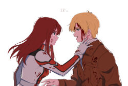 Rule 34 | 1boy, 1girl, alternate universe, bernard wiseman, blonde hair, blood, blood on clothes, blood on face, blue eyes, brown jacket, christina mackenzie, crying, crying with eyes open, eye contact, from side, gundam, gundam 0080, highres, jacket, long hair, long sleeves, looking at another, normal suit, open mouth, pilot suit, red hair, shirt, short hair, simple background, spoilers, tears, tira zhang, upper body, white background, white shirt, wide-eyed