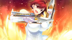 Rule 34 | 1girl, armor, bare shoulders, breasts, game cg, highres, huge breasts, kunai uri, looking at viewer, noblesse of rouge, open mouth, red eyes, red hair, short hair, simple background, smile, solo, standing, weapon
