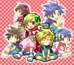 Rule 34 | 3boys, 3girls, :p, black hair, blonde hair, blue eyes, blue hair, blush, bow, brother and sister, cape, chibi, chiezo, child, dragon quest, dragon quest v, dress, friends, gloves, grin, hero&#039;s daughter (dq5), hero&#039;s son (dq5), lowres, multiple boys, multiple girls, open mouth, purple eyes, short hair, siblings, smile, spiked hair, staff, sword, time paradox, tongue, tongue out, weapon, yellow bow