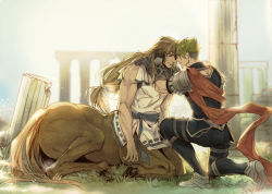Rule 34 | 2boys, achilles (fate), armor, back, backlighting, brown hair, centaur, chiron (fate), closed eyes, fate/apocrypha, fate/grand order, fate (series), forehead-to-forehead, from side, full body, gloves, grass, greek text, green hair, heads together, hermithessa, hooves, kneeling, long hair, low tied hair, male focus, manly, multiple boys, on one knee, outdoors, pauldrons, red scarf, scarf, short hair, shoulder armor, spiked hair, student-teacher, taur, very long hair