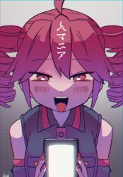 Rule 34 | ahoge, black background, black shirt, blush, buttons, cellphone, close-up, detached sleeves, double-parted bangs, drill hair, fingernails, hair between eyes, hito mania (utau), holding, holding phone, kasane teto, long sleeves, looking at viewer, open mouth, phone, pocket, red eyes, red hair, red nails, red trim, shirt, signature, sleeveless, sleeveless shirt, smartphone, teeth, tongue, twin drills, upper teeth only, utau, white background, yuusuke-kun