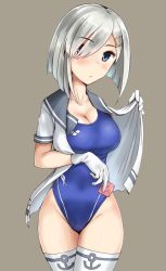 Rule 34 | 1girl, anchor symbol, arena (company), blue eyes, blue one-piece swimsuit, breasts, cleavage, competition swimsuit, condom, condom wrapper, cowboy shot, gloves, grey background, grey sailor collar, hair ornament, hair over one eye, hairclip, hamakaze (kancolle), highleg, highleg swimsuit, kantai collection, large breasts, logo, looking at viewer, minase (takaoka nanase), one-piece swimsuit, sailor collar, sailor shirt, shirt, short hair, silver hair, simple background, solo, swimsuit, thighhighs, white gloves, white thighhighs