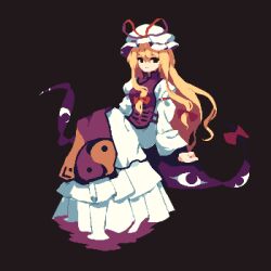 Rule 34 | 1girl, 4qw5, black background, black eyes, blonde hair, closed mouth, commentary, dress, english commentary, full body, gap (touhou), hat, highres, long hair, long sleeves, looking at viewer, mob cap, pixel art, simple background, solo, tabard, touhou, white dress, white hat, yakumo yukari