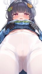 1girl black_gloves black_hair blue_archive blush cameltoe clothes_lift crotch_focus from_below gloves gluteal_fold halo highres kohaku_rinne leaf leaf_on_head lifting_own_clothes loli looking_at_viewer miyu_(blue_archive) navel no_panties open_mouth pantyhose pleated_skirt simple_background skirt skirt_lift solo thighband_pantyhose white_background