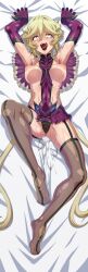 Rule 34 | 1girl, aged up, ahegao, armpits, bed sheet, blonde hair, blue eyes, breasts, breasts out, carol malus dienheim, clothing cutout, covered navel, cum, elbow gloves, feet, female focus, full body, garter straps, gloves, highres, large breasts, leotard, long hair, looking at viewer, lying, mole, mole under eye, nipples, on back, purple gloves, purple leotard, ribs, senki zesshou symphogear, shiny skin, side cutout, sideless outfit, skindentation, smile, solo, spread pussy under clothes, sweat, syunzou, thighhighs, toes, tongue, tongue out