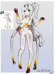 Rule 34 | 1girl, absurdres, arthropod girl, belly, blush, breasts, claws, colored skin, cpt.tester works, highres, insect girl, long legs, looking at viewer, midriff, nude, ponytail, red eyes, six arms, small breasts, spider girl, uncensored, white hair, white skin, yellow eyes