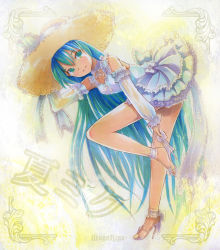 Rule 34 | 1girl, aqua hair, artist name, bare shoulders, detached sleeves, dress, full body, hat, hatsune miku, high heels, leg up, long hair, mayo riyo, open shoes, putting on shoes, shoes, smile, solo, straw hat, sun hat, traditional media, very long hair, vocaloid
