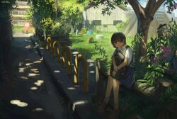 Rule 34 | 1girl, absurdres, anko1127, backpack, bag, blue skirt, brown eyes, brown footwear, brown hair, building, dappled sunlight, day, flower, highres, loafers, original, outdoors, park, plant, pleated skirt, postbox (outgoing mail), scenery, shirt, shoes, short hair, sitting, skirt, solo, sunlight, tree, white shirt