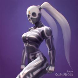 Rule 34 | 1girl, alternate hair color, bodysuit, breasts, clenched hands, commentary, covered eyes, english commentary, fighting ex layer, fusion, highres, long hair, medium breasts, nose, purple background, quasimodox, rainbow mika, skeleton print, skin tight, skullomania, solo, street fighter, thick thighs, thighs, twintails, very long hair, white hair
