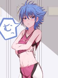 Rule 34 | 10s, 1girl, blue eyes, blue hair, blush, embarrassed, highres, looking at viewer, matching hair/eyes, navel, nishijima waon, precure, short hair, solo, sportswear, suite precure, undressing, unpale