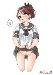 Rule 34 | 10s, 1girl, bad id, bad twitter id, black ribbon, blush, brown eyes, brown hair, brown skirt, clothes lift, cowboy shot, cropped legs, ebifurya, female pubic hair, gluteal fold, groin, hair ribbon, highres, inactive account, kantai collection, lifted by self, looking to the side, no panties, open mouth, pleated skirt, pubic hair, pussy juice, ribbon, school uniform, serafuku, shikinami (kancolle), short ponytail, short sleeves, simple background, skirt, skirt lift, solo, spoken squiggle, squiggle, sweat, twitter username, underwear, white background