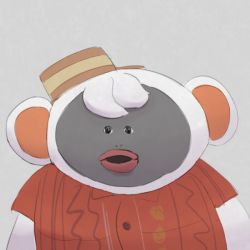 Rule 34 | 1boy, animal crossing, animal ears, arms at sides, black eyes, black skin, boater hat, body fur, boke-chan, brown headwear, buttons, collared shirt, colored skin, furry, furry male, grey background, le monke (meme), lips, looking at viewer, male focus, meme, monkey boy, monkey ears, niko (animal crossing), nintendo, open mouth, red shirt, shirt, short hair, short sleeves, simple background, sketch, solo, straight-on, tilted headwear, upper body, white fur, white hair