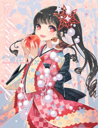 Rule 34 | 1girl, animal, animal on shoulder, apple, bf. (sogogiching), bird, bird on shoulder, black hair, bow, drill hair, food, fruit, hair ornament, holding, holding food, holding fruit, japanese clothes, kimono, large bow, long hair, open mouth, original, ponytail, red eyes, side ponytail, smile, snowflake hair ornament, solo