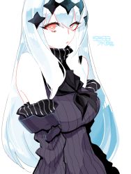 Rule 34 | 10s, 1girl, abyssal ship, aircraft carrier water oni, bare shoulders, character name, colored skin, commentary request, detached sleeves, dress, kan (tachi), kantai collection, looking at viewer, no eyebrows, red eyes, ribbed sweater, sailor dress, solo, sweater, translation request, white hair, white skin