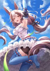 Rule 34 | 1girl, absurdres, animal ears, armpits, bike shorts, breasts, brown hair, cloud, detached sleeves, frills, hair between eyes, hair ornament, highres, horse ears, horse girl, leg up, looking at viewer, low twintails, medium breasts, open mouth, rengkong, sky, solo, thighhighs, twintails, umamusume, yamanin zephyr (umamusume)