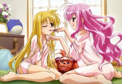Rule 34 | 2girls, :q, absurdres, ahoge, alternate hairstyle, applying makeup, arf, bare legs, barefoot, bed, between thighs, blonde hair, bottomless, cosmetics, dress shirt, fate testarossa, feet, highres, kneeling, kyrie florian, legs, lipstick, lipstick tube, long hair, lyrical nanoha, mahou shoujo lyrical nanoha, mahou shoujo lyrical nanoha a&#039;s, mahou shoujo lyrical nanoha a&#039;s portable: the gears of destiny, makeup, multiple girls, naked shirt, non-web source, nyantype, off shoulder, official art, one eye closed, pink eyes, pink hair, purple eyes, red eyes, see-through silhouette, shinozaki akira, shirt, sitting, sleeves rolled up, tongue, tongue out, v arms, very long hair, wariza, wavy hair, wink