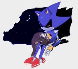 Rule 34 | 1boy, absurdres, animal, by almaz, cat, closed eyes, commentary, crescent moon, highres, male focus, metal sonic, moon, night, non-humanoid robot, on lap, petting, robot, robot animal, sonic (series), star (sky), symbol-only commentary