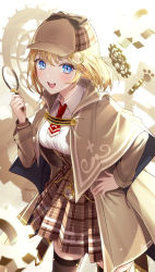 Rule 34 | 1girl, :d, blonde hair, blue eyes, breasts, brown coat, brown headwear, brown skirt, buguma, coat, collared shirt, cowboy shot, hair ornament, hand on own hip, high-waist skirt, highres, holding, holding magnifying glass, hololive, hololive english, large breasts, looking at viewer, magnifying glass, necktie, open mouth, red necktie, shirt, short hair, skirt, smile, solo, thighhighs, trench coat, twitter username, virtual youtuber, watch, watson amelia, white shirt