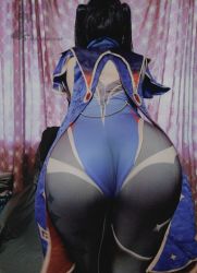 Rule 34 | 1boy, androgynous, ass, bare shoulders, blue leotard, breasts, cleavage, collarbone, cosplay, curvy, darkwaifutrap, genshin impact, hair ribbon, highleg, highleg leotard, highres, huge ass, leotard, long hair, mona (genshin impact), mona (genshin impact) (cosplay), pantyhose, photo (medium), purple hair, ribbon, sideboob, skindentation, solo, trap, twintails, very long hair, wide hips