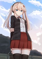 Rule 34 | 1girl, antenna hair, arm behind back, arm grab, bag, black jacket, black thighhighs, blazer, blue eyes, blue sky, blush, closed mouth, cloud, cloudy sky, collared shirt, commentary request, day, dress shirt, ear protection, hair between eyes, hair ornament, highres, holding, holding bag, jacket, light brown hair, long hair, looking at viewer, neck ribbon, open clothes, open jacket, original, outdoors, pleated skirt, red ribbon, red skirt, ribbon, school uniform, shirt, sidelocks, skirt, sky, solo, standing, thighhighs, twintails, white shirt, yakob labo