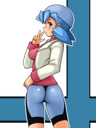 Rule 34 | 1girl, ass, bike shorts, blue hair, breasts, creatures (company), from behind, game freak, highres, large breasts, looking back, low twintails, marina (pokemon), nintendo, pokemon, pokemon (anime), pokemon (classic anime), sideboob, smile, solo, tight clothes, tsumitani daisuke, twintails, v