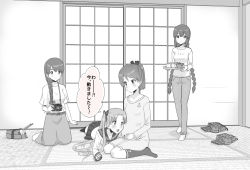 Rule 34 | 4girls, adapted turret, alternate costume, anchor symbol, ayanami (kancolle), braid, camera, cannon, commentary request, greyscale, hair over one eye, highres, indoors, isonami (kancolle), kantai collection, kujira naoto, long hair, long skirt, low twintails, maternity dress, monochrome, multiple girls, pants, ponytail, pregnant, sailor collar, school uniform, serafuku, shikinami (kancolle), short hair, side ponytail, single braid, sitting, skirt, sliding doors, tatami, translation request, turret, twin braids, twintails, uranami (kancolle), wariza