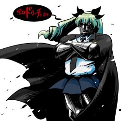 Rule 34 | 1girl, anchovy (girls und panzer), armor, black bow, black cape, black necktie, blue skirt, bow, cape, collared shirt, crossed arms, doctor doom, drill hair, fusion, girls und panzer, green hair, hair bow, long hair, looking at viewer, marvel, mask, necktie, pantyhose, parody, pleated skirt, rariatto (ganguri), red eyes, sanpaku, shirt, simple background, skirt, solo, standing, translation request, what, white background, white shirt, wing collar