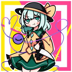 Rule 34 | 1girl, :t, absurdres, black hat, blush, blush stickers, bow, buttons, diamond button, frilled shirt collar, frilled sleeves, frills, green eyes, green hair, green skirt, hat, hat bow, heart, heart of string, highres, holding, holding knife, knife, komeiji koishi, light green hair, long sleeves, looking to the side, medium hair, pink background, pout, puff of air, shirt, skirt, sleeves past wrists, solo, standing, third eye, touhou, two-tone background, waroemon, weapon, yellow background, yellow bow, yellow shirt
