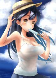 Rule 34 | 10s, 1girl, ahoge, arm up, bad id, bad pixiv id, bare shoulders, black hair, blue sky, blush, breasts, brown eyes, cleavage, cloud, cloudy sky, collarbone, covered navel, day, food, hachi (hachiiicham), hat, highres, ice cream, kantai collection, large breasts, long hair, looking at viewer, pleated skirt, popsicle, skirt, sky, sleeveless, solo, straw hat, sweat, tank top, ushio (kancolle), wind