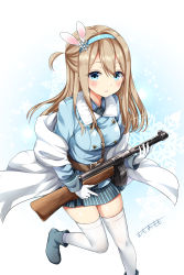 Rule 34 | 1girl, black shirt, blue eyes, blue hairband, blue jacket, blue skirt, blush, boots, breasts, collared shirt, commentary request, dress shirt, girls&#039; frontline, gloves, grey footwear, gun, hair between eyes, hair ornament, hairband, highres, holding, holding gun, holding weapon, jacket, light brown hair, long hair, long sleeves, looking at viewer, medium breasts, omoomomo, one side up, parted lips, pleated skirt, shirt, signature, skirt, snowflake hair ornament, snowflakes, solo, striped clothes, striped skirt, submachine gun, suomi (girls&#039; frontline), suomi kp/-31, thighhighs, trigger discipline, vertical-striped clothes, vertical-striped skirt, weapon, white gloves, white thighhighs