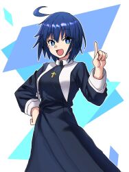 Rule 34 | 1girl, :d, ahoge, black dress, blue eyes, blue hair, breasts, ciel (tsukihime), commentary, cowboy shot, dress, ebora, hand on own hip, long sleeves, looking at viewer, medium breasts, nun, open mouth, pleated skirt, short hair, skirt, smile, solo, standing, traditional nun, tsukihime