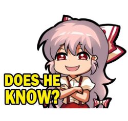 Rule 34 | 1girl, bow, chibi, commentary, crossed arms, does he know? (meme), english commentary, english text, fujiwara no mokou, hair between eyes, hair bow, jokanhiyou, long hair, looking at viewer, lowres, meme, new rockstars, open mouth, pink hair, puffy short sleeves, puffy sleeves, red eyes, shirt, short sleeves, simple background, smile, solo, suspenders, touhou, upper body, very long hair, white background, white bow, white shirt