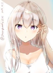 Rule 34 | 1girl, absurdres, adjusting hair, artist name, breasts, chestnut mouth, cleavage, collarbone, dated, eyes visible through hair, hair between eyes, tucking hair, highres, long hair, looking at viewer, open mouth, original, purple eyes, shadow, shanghmely, shirt, short sleeves, silver hair, simple background, solo, standing, twitter username, upper body, white shirt
