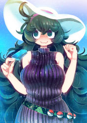 Rule 34 | 1girl, @ @, adapted costume, ahoge, alternate breast size, artist name, bare shoulders, belt, blue background, blush, breasts, closed mouth, creatures (company), dress, female focus, food, game freak, gen 1 pokemon, gengar, hair between eyes, hairband, hakkasame, hands up, hat, hex maniac (pokemon), highres, holding, large breasts, long hair, looking to the side, messy hair, nintendo, nose blush, npc trainer, poke ball, poke ball (basic), pokemon, pokemon (creature), pokemon xy, popsicle, purple dress, purple eyes, purple hairband, signature, simple background, sleeveless, sleeveless dress, smile, solo, sun hat, twitter username, very long hair, wavy mouth, white hat