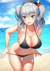 Rule 34 | 10s, 1girl, alternate costume, beach, bikini, bikini pull, black bikini, blue eyes, breasts, clothes pull, cloud, collarbone, day, hair between eyes, highres, kantai collection, kashima (kancolle), large breasts, leaning forward, lips, long hair, looking at viewer, navel, ocean, open mouth, outdoors, silver hair, sky, solo, sparkle, swimsuit, tako seijin, thighs, twintails, wavy hair