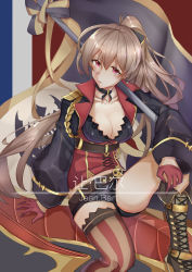 Rule 34 | 1girl, absurdres, alternate breast size, azur lane, boots, breasts, choker, cleavage, earrings, flag, gloves, hair between eyes, hair ribbon, highres, holding, holding flag, jean bart (azur lane), jewelry, light brown hair, long hair, long sleeves, looking at viewer, medium breasts, ponytail, red eyes, ribbon, short shorts, shorts, single thighhigh, skull, solo, striped clothes, striped thighhighs, thighhighs, thighs, vertical-striped clothes, vertical-striped thighhighs