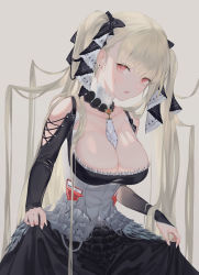 Rule 34 | 1girl, absurdres, azur lane, bbul horn, between breasts, black bow, black dress, black ribbon, black sleeves, bow, breasts, cleavage, commentary, cowboy shot, curtsey, detached collar, dress, earrings, formidable (azur lane), frilled dress, frills, gothic lolita, grey background, grey bow, hair bow, hair ornament, highres, jewelry, large breasts, lolita fashion, long hair, looking at viewer, necktie, necktie between breasts, parted lips, platinum blonde hair, red eyes, ribbon, skirt hold, solo, standing, twintails, two-tone dress, two-tone ribbon, very long hair, white necktie