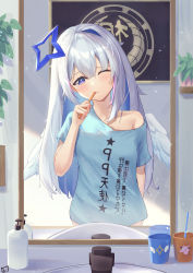Rule 34 | 1girl, absurdres, alternate hair length, alternate hairstyle, amane kanata, blue hair, blue shirt, blush, brushing teeth, clothes writing, collarbone, commentary request, cup, faucet, feathered wings, fue (lars0713), hair between eyes, head tilt, highres, holding, holding toothbrush, hololive, indoors, long hair, mini wings, mirror, mirrored text, mug, multicolored hair, one eye closed, purple eyes, reflection, shirt, short sleeves, silver hair, single hair intake, sleepy, soap bottle, solo, tears, toothbrush, translation request, two-tone hair, very long hair, virtual youtuber, white wings, wings