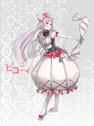 Rule 34 | 10s, 1girl, awii, blue hair, blunt bangs, bow, bow (weapon), dna, dress, elbow gloves, full body, gloves, hat, highres, long hair, merc storia, multicolored hair, parted lips, pikonyi, pink hair, pointing, red eyes, shoes, solo, standing, weapon, white dress, white footwear, white gloves, white legwear