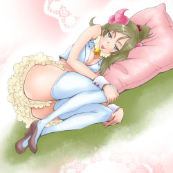 Rule 34 | 10s, 1girl, :p, ass, bell, breasts, brown footwear, brown hair, cleavage, cowbell, crop top, eunos, full body, green eyes, hair bobbles, hair ornament, high heels, horns, long hair, lying, minamino kanade, on side, pillow, precure, shoes, skirt, solo, suite precure, thighhighs, thighs, tongue, tongue out, white thighhighs, wrist cuffs
