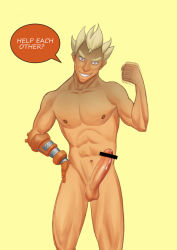 Rule 34 | 1boy, bara, censored, cum, erection, evil grin, evil smile, grin, junkrat (overwatch), looking at viewer, male focus, muscular, naughty face, nude, overwatch, overwatch 1, penis, smile, solo, testicles, text focus
