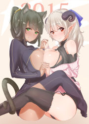 Rule 34 | 10s, 2015, 2girls, animal ears, black legwear, blush, bow, breast press, breasts, brown hair, cat ears, cat tail, cleavage cutout, clothing cutout, dark skin, dark-skinned female, garter straps, green eyes, hair bow, holding hands, happy new year, highres, horns, large breasts, multiple girls, new year, off shoulder, original, parted lips, pointy ears, red eyes, sheep horns, smile, sweater, symmetrical docking, tail, thighhighs, white hair, yaman (yamanta lov), yuri