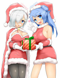 Rule 34 | 10s, 2girls, alternate costume, black legwear, blue eyes, blue hair, blush, breasts, cape, christmas, cleavage, facial hair, fake facial hair, fake mustache, gift, gloves, hair ornament, hair over one eye, hairclip, hamakaze (kancolle), hat, kantai collection, large breasts, long hair, looking at viewer, mizuyan, multiple girls, mustache, open mouth, pantyhose, santa costume, santa hat, short hair, silver hair, smile, urakaze (kancolle), white gloves