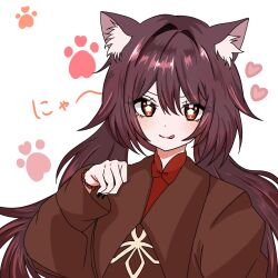 Rule 34 | 1girl, :q, animal ears, black nails, brown hair, cat ears, cat girl, closed mouth, flower-shaped pupils, genshin impact, hair between eyes, hair intakes, hand up, heart, highres, hu tao (genshin impact), long hair, looking at viewer, low twintails, nail polish, paru (pa1uru), paw print, portrait, red eyes, simple background, smile, solo, symbol-shaped pupils, tongue, tongue out, twintails, white background