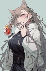 Rule 34 | 1girl, absurdres, animal ears, arknights, black dress, black nails, blush, braid, breasts, brown hair, closed eyes, cup, dress, drinking glass, drunk, earrings, extra ears, highres, holding, holding cup, jacket, jewelry, large breasts, long hair, nail polish, official alternate costume, penance (arknights), penance (occasionally flushed) (arknights), simple background, smile, solo, squeans, teeth, togekk0, white jacket, wolf ears, wolf girl