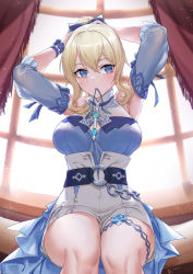 Rule 34 | 1girl, absurdres, armpits, arms up, belt, blonde hair, blue eyes, blue shirt, bow, breasts, curtains, detached sleeves, genshin impact, hair between eyes, hair bow, hair tie in mouth, high-waist shorts, highres, jean (genshin impact), jean (sea breeze dandelion) (genshin impact), large breasts, linreplica, long hair, looking to the side, mouth hold, o-ring, o-ring belt, ponytail, shirt, shirt tucked in, shorts, sidelocks, sitting, solo, thigh strap, window, wristband